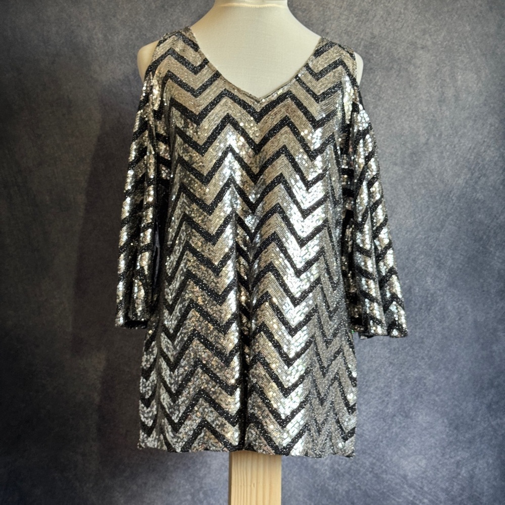 Silver and Black Chevron Sequin Blouse